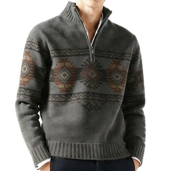 Charcoal Half-Zip Sweater with Ethnic Geometric Print