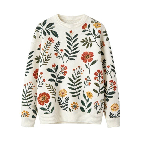 Cream Knit Sweater with Red & Yellow Floral Print
