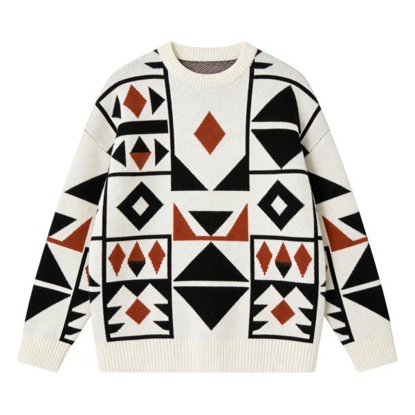 Cream Oversized Sweater with Black & Rust Geometric Print